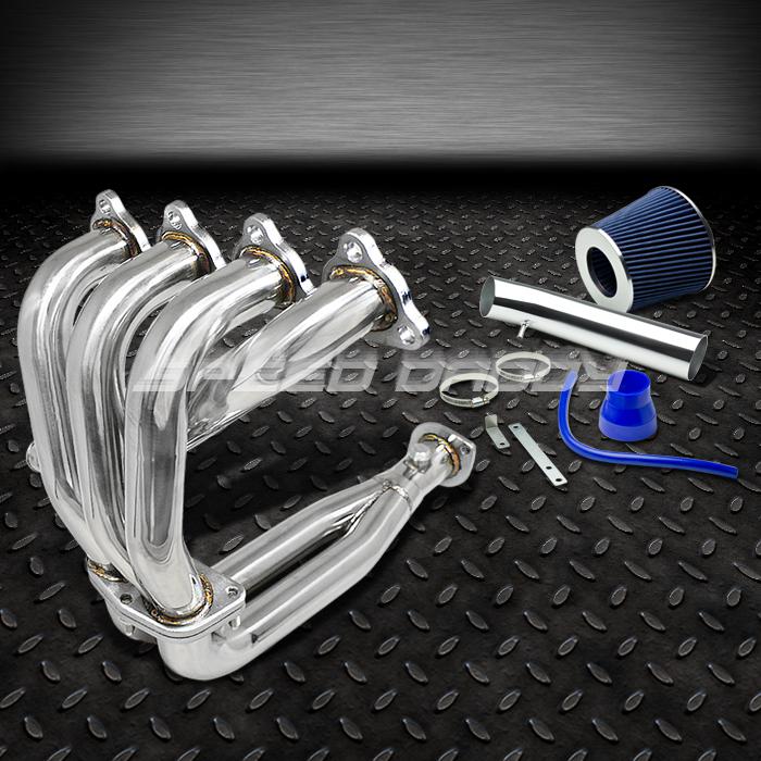 Racing header exhaust+short ram air intake+blue 2-layer filter 92-95 civic eh ej
