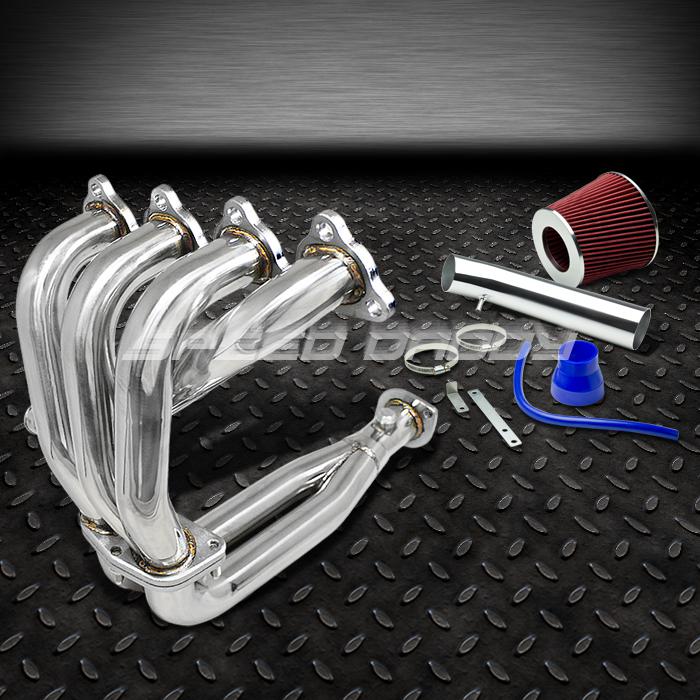 Racing header exhaust+short ram air intake+red 2-layer filter 92-95 civic eh ej