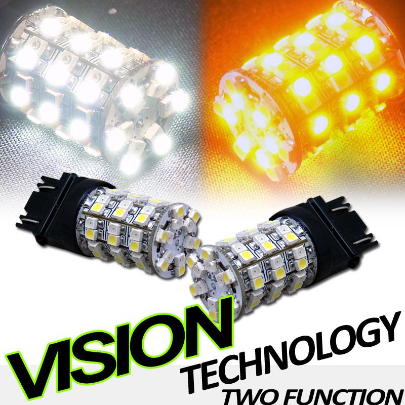 2pc white/amber 3157 switchback 60 smd led front turn signal/parking light bulbs