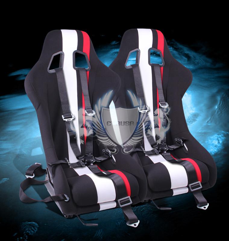 2x black/white red stripe fabric racing bucket seats + 5-pt camlock strap pair