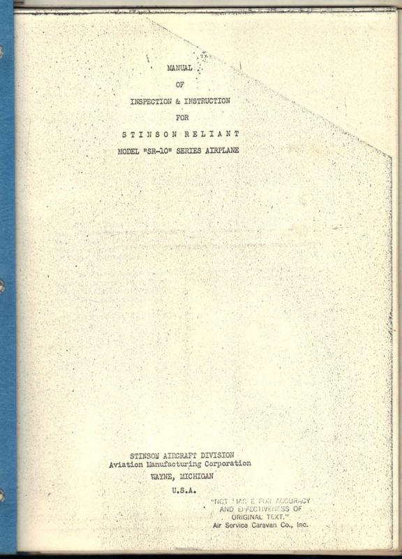 1938 stinson reliant sr-10 airplane manual & drawings 