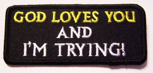 #0088 christian motorcycle vest patch god loves you and  i&#039;m trying!