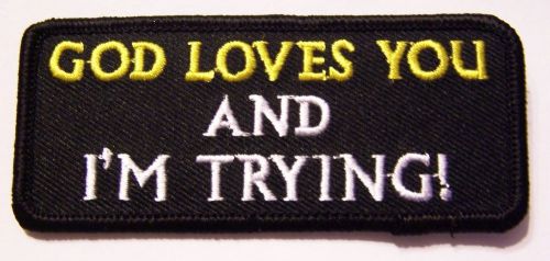#0088 christian motorcycle vest patch god loves you and  i'm trying!
