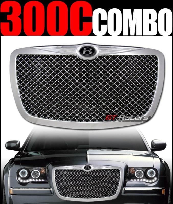 Chrome luxury style front hood grill grille+b emblem 04 05-10 chrysler 300/300c
