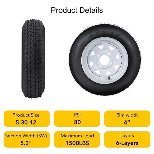 2 Pack 5.30-12 5.30x12 530-12 5.30-12 Trailer Tires with 12'' Rims 4 Lug on 4'', US $111.99, image 2
