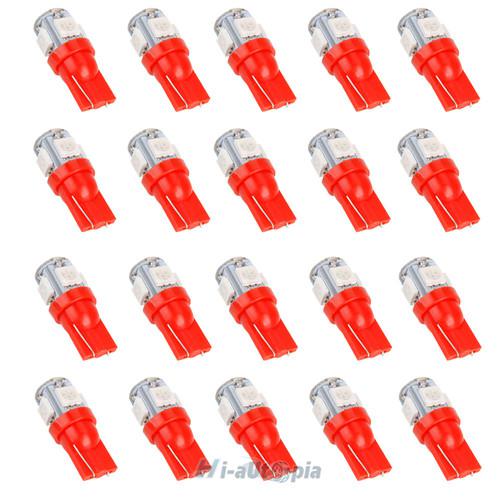 20x t10 194 168 w5w 5 smd 5050 red led car wedge tail side light lamp bulb 12v