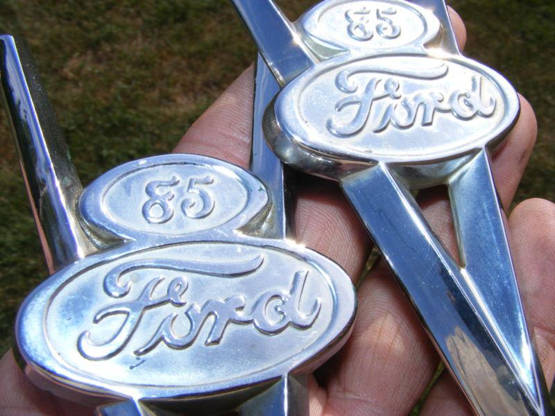 1937 ford truck pickup hood side emblems 85hp (pair) nice used script badge