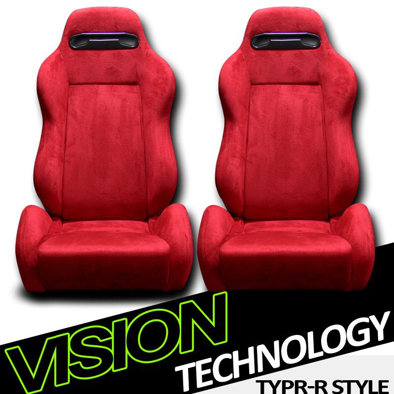 2x universal t-r type red simulated suede car racing seats+sliders honda/acura