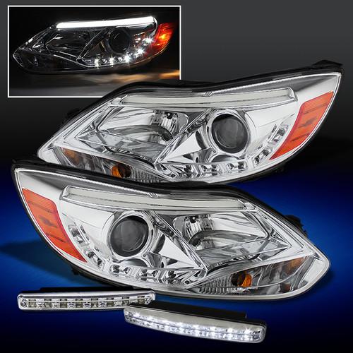 12-13 ford focus led strip projector chrome headlights + drl led running lights
