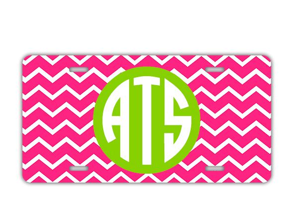 Preppy monogrammed license plate - hot pink chevron lime green car tag (9702)
