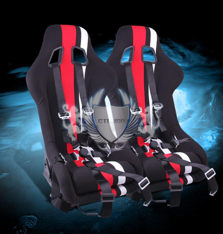 2 universal black/red white stripe type-r fabric racing seat+6pt camlock harness