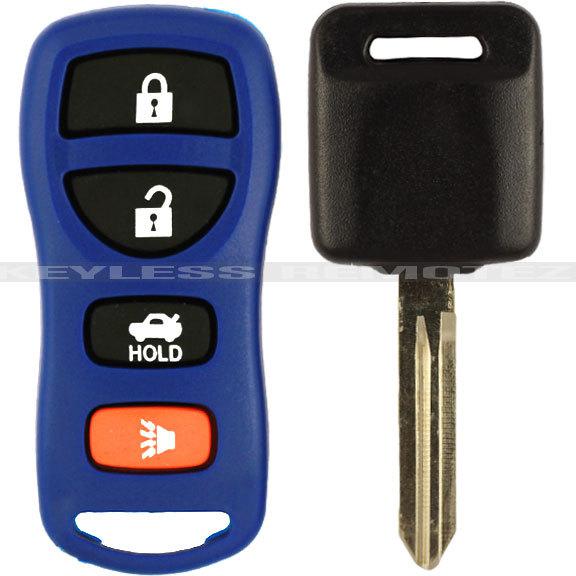 New blue nissan 4 button keyless remote + uncut transponder ignition chipped key