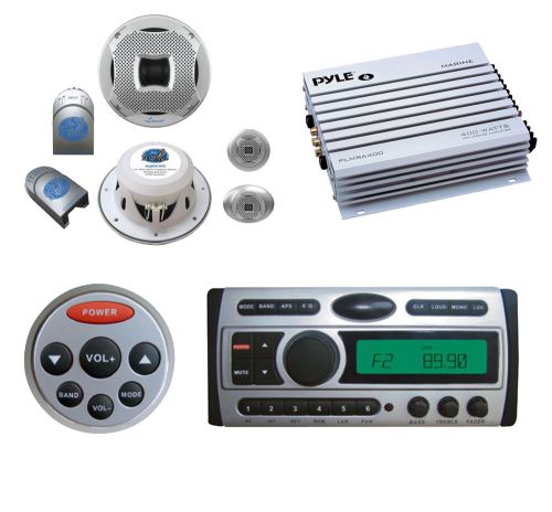 Marine pyle cd dvd receiver+2-6.5&#034; 500w silver boat speakers+400w amp + remote