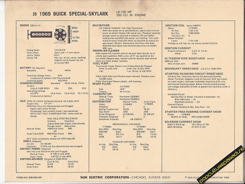 1969 buick special skylark l6-155 hp 250 ci engine car sun electronic spec sheet