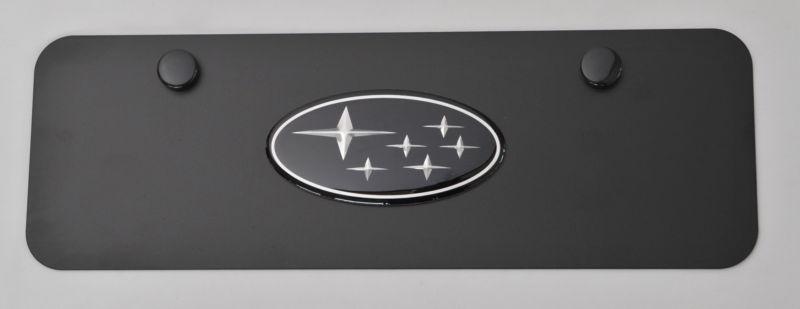 Subaru 3d emblem logo on black stainless steel license plate half size