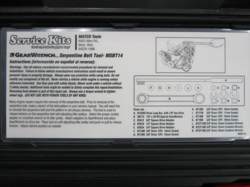 Matco Tools MSBT14 Serpentine Belt Tool in case USED!!!, US $0.99, image 3
