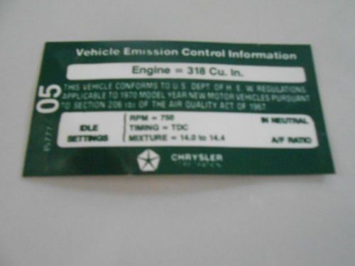 1970 reproduction chrysler 318-2 m/t emission decal
