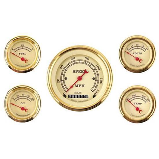 New classic instruments vintage series 5-gauge set, 24 carat gold bezels, tan