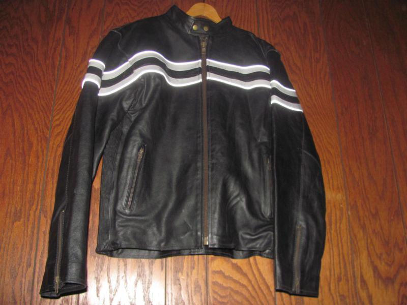 Paragon leather motorcycle jacket-men's small-black w/ gray/silver double stripe