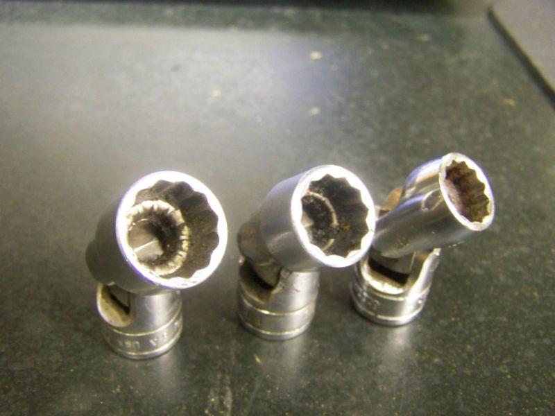 3 snap on 3/8" drive universal 12 pt. swivel flex / wobble sockets  fu 14-16-18a