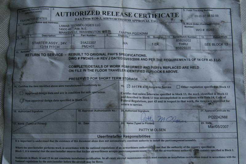 Lamar 24V Starter Lycoming, US $1.00, image 6