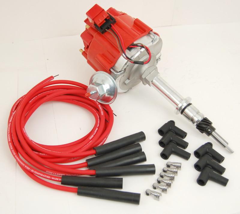 Chevy 292, 250, 230, 194  inline 6 hei distributor &  red spark plug wire kit