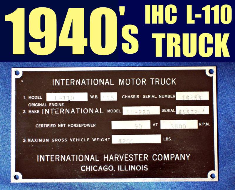 1940s sd engine id data plate ◆ international motor truck l110 ihc harvester tag