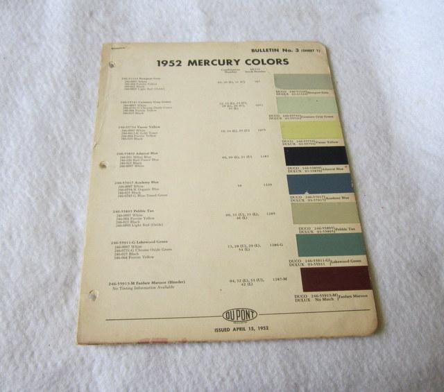 1952 mercury paint chips colors set dupont original 