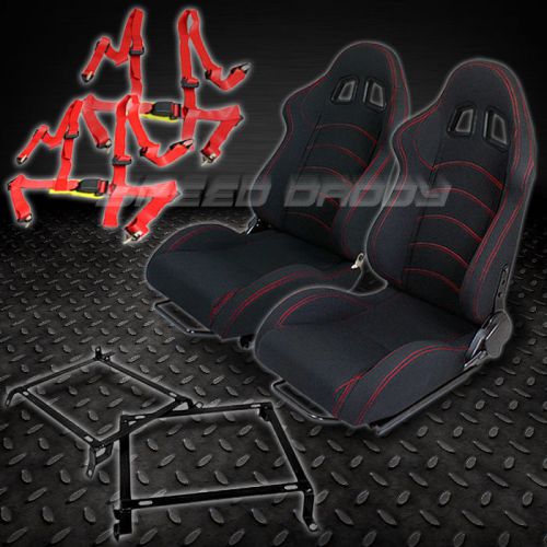 2x t-f1 black woven racing seats+brackets+4-pt red seat belts civic/eg/ek/dc2