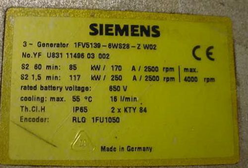 Siemens 1fv5139-6ws28-zw02 85kw 650vdc  motor generator azure dynamics/solectria