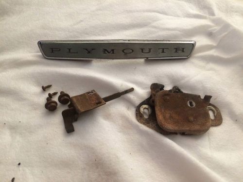 64 65 plymouth barracuda front hood emblem moulding nameplate &amp; hood latch oem