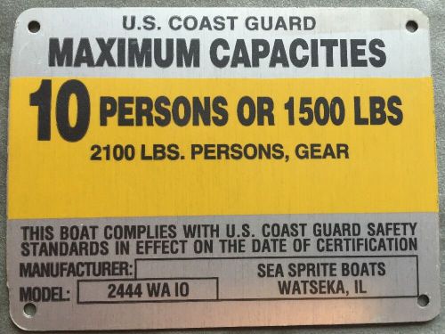 United marine boat capacity plate~tag~10 person-1500 lbs~sea sprite 2444 wa io