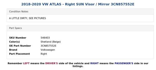 2018-2020 VW ATLAS - Right SUN Visor / Mirror 3CN857552E, US $31.49, image 5