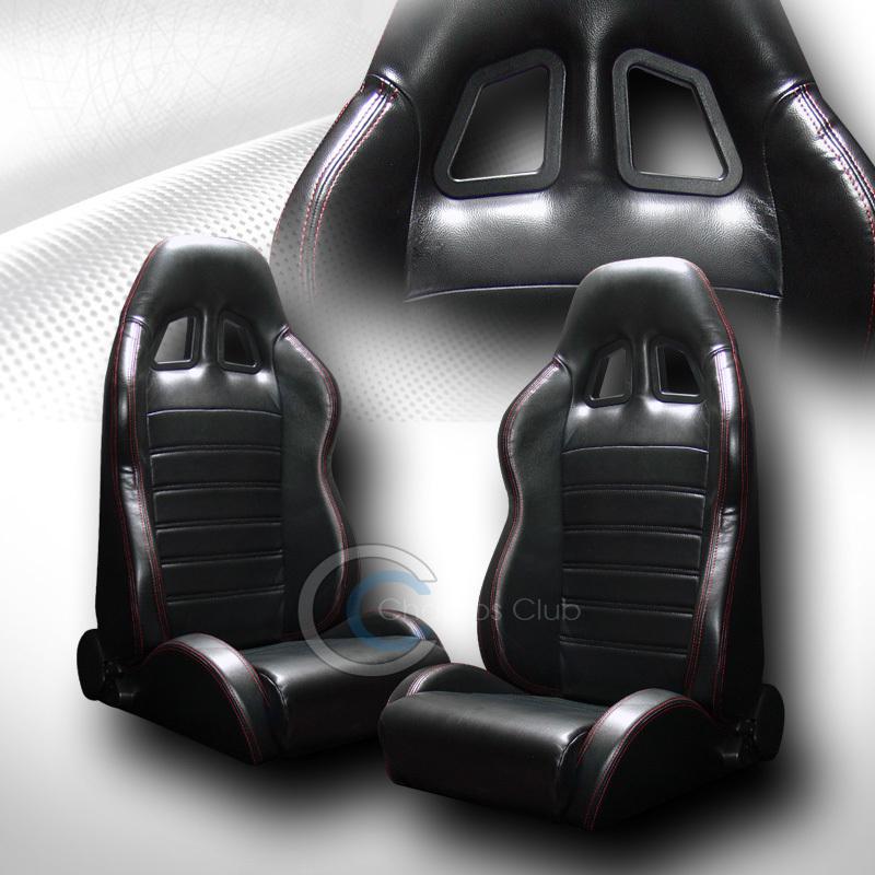 Universal sp black pvc leather red stitch racing bucket seats+sliders pair lexus