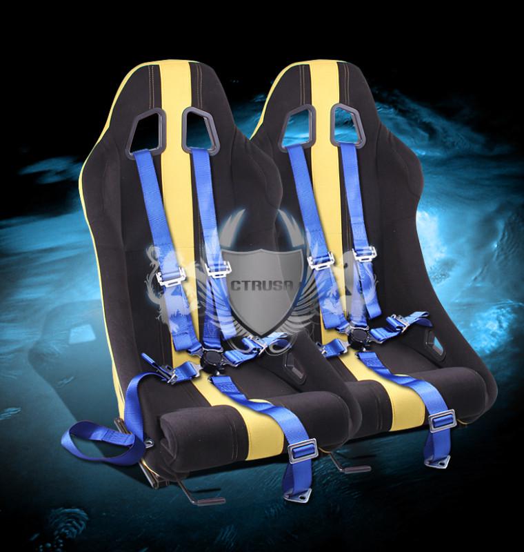 2x blk/yellow stripe fabric racing bucket seat+5-pt blue belt camlock strap pair