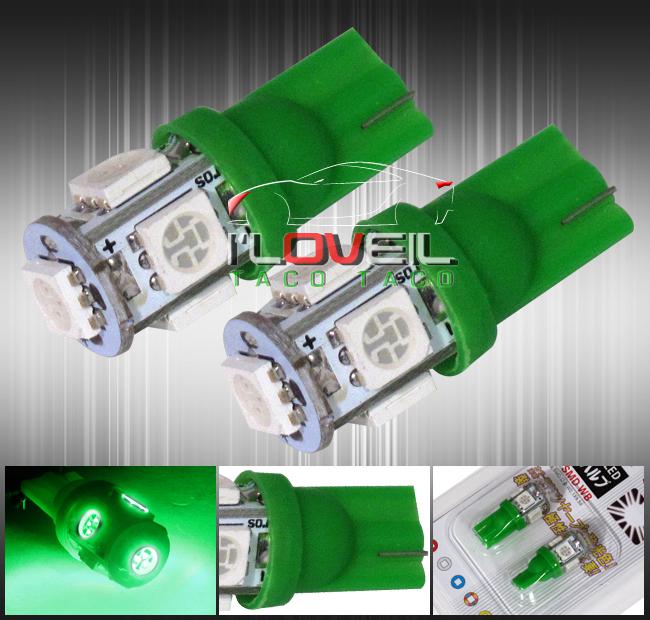 2pcs led t10 green light bulbs wedge 5-smd 5050 lamp license plate map dome drl