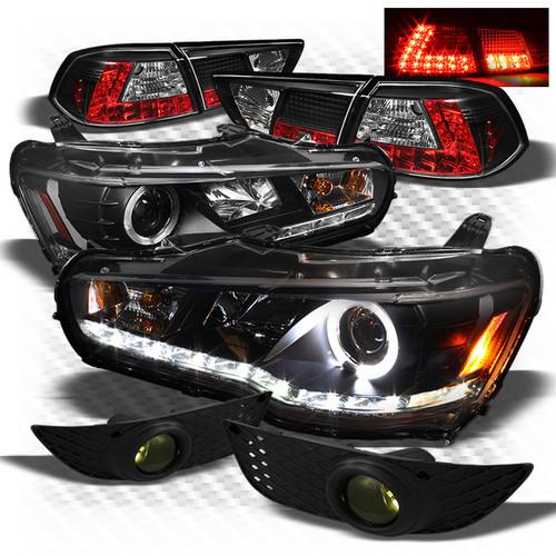 08-13 lancer black halo drl projector headlights + led tail lights + fog lights