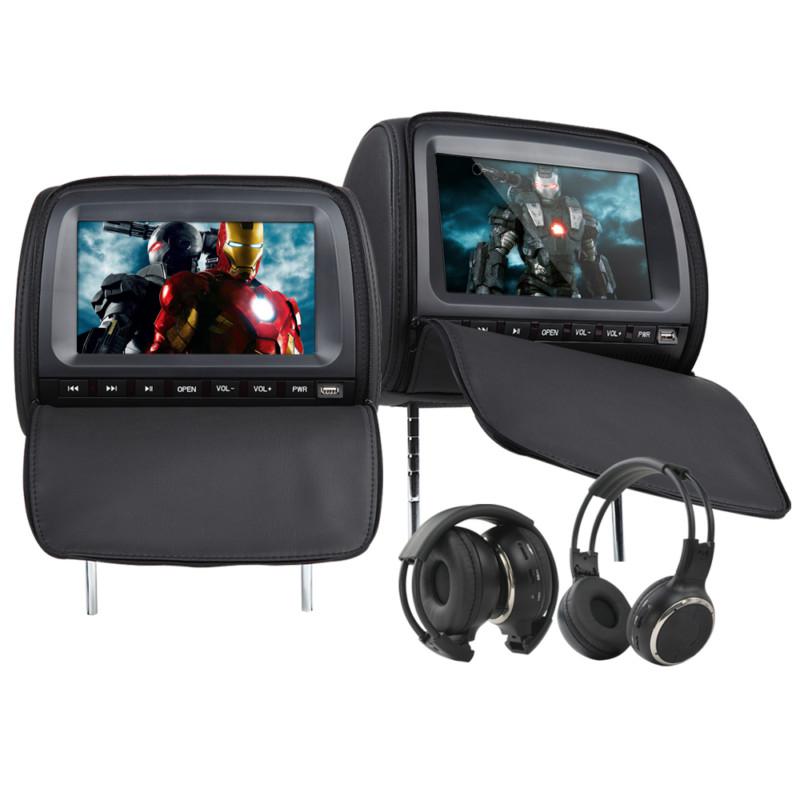Pari of black 9" lcd car zipper pillow headrest dvd player speaker ir headphone