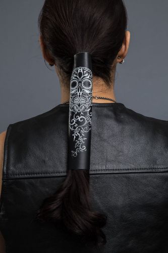 Tribal skull hair glove genuine leather tribal skull graphic inked. pony tail