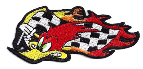 Woodpecker with flag flames racing patch 4-3/4 inches long size iron on