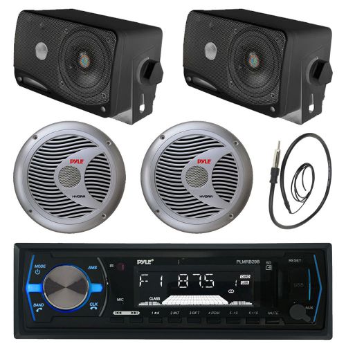Black 3.5&#034; marine box speakers, 6.5&#034; speakers, black bluetooth radio, antenna