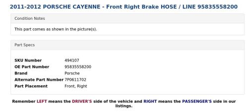 2011-2012 PORSCHE CAYENNE - Front Right Brake HOSE / LINE 95835558200, US $39.99, image 3