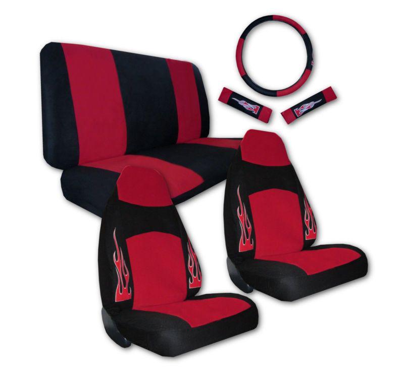 Synthetic leather red black flame high back car seat covers 7pc pkg #1