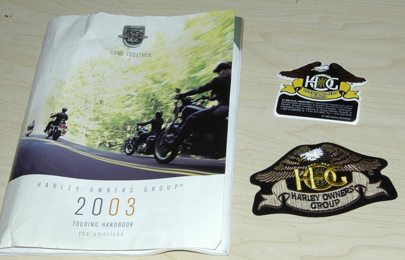2003 harley owners group touring handbook, sew-on patch, & sticker