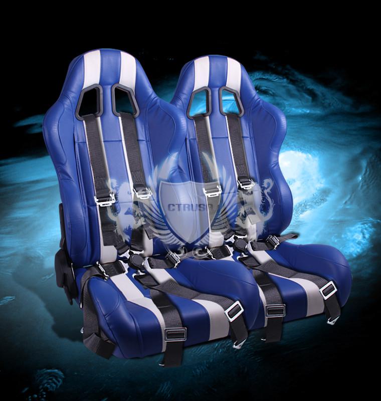 2x universal blue/white stripe type-r pvc racing seats +6-pt camlock harness new