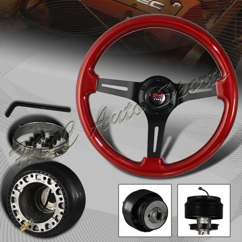 345mm 6 hole red lug wood grain style steering wheel + del sol integra civic hub