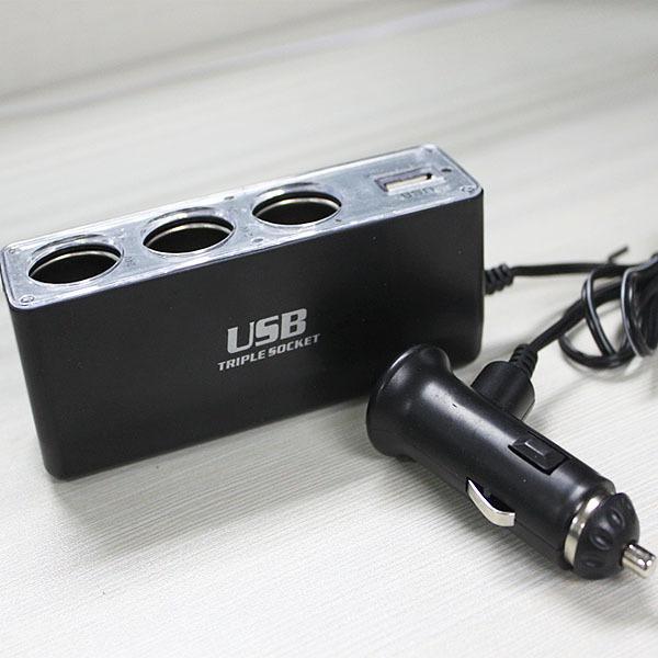 New 3 in 1 car cigarette lighter charger usb 12v dc power extension adaptor