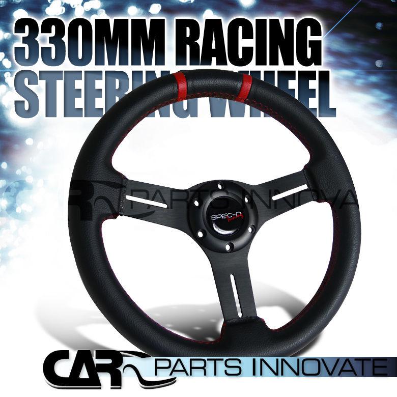 330mm racing steering wheel 2" dish black pvc leather red stitch