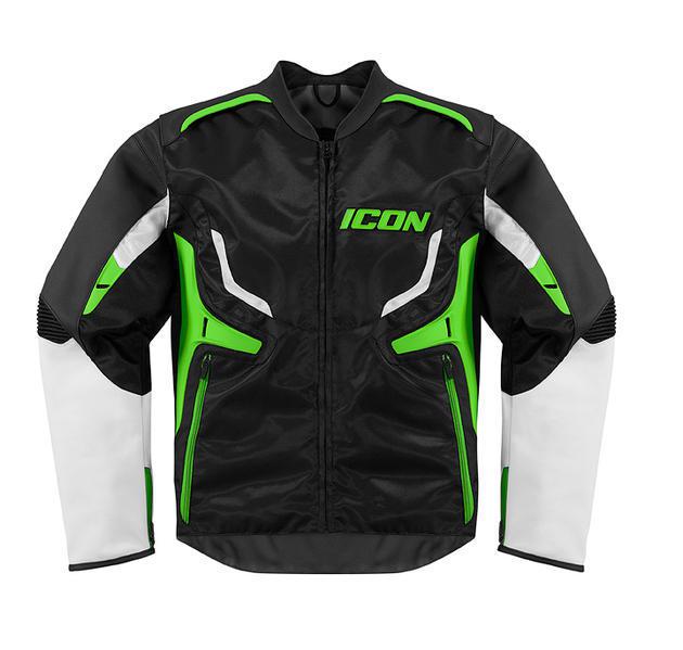 Icon compound leather/textile motorcycle jacket green lg/large