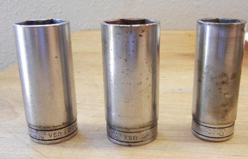 3 6 point deep well snap on sockets 1' 15/16 13/16 321 301 261 vintage